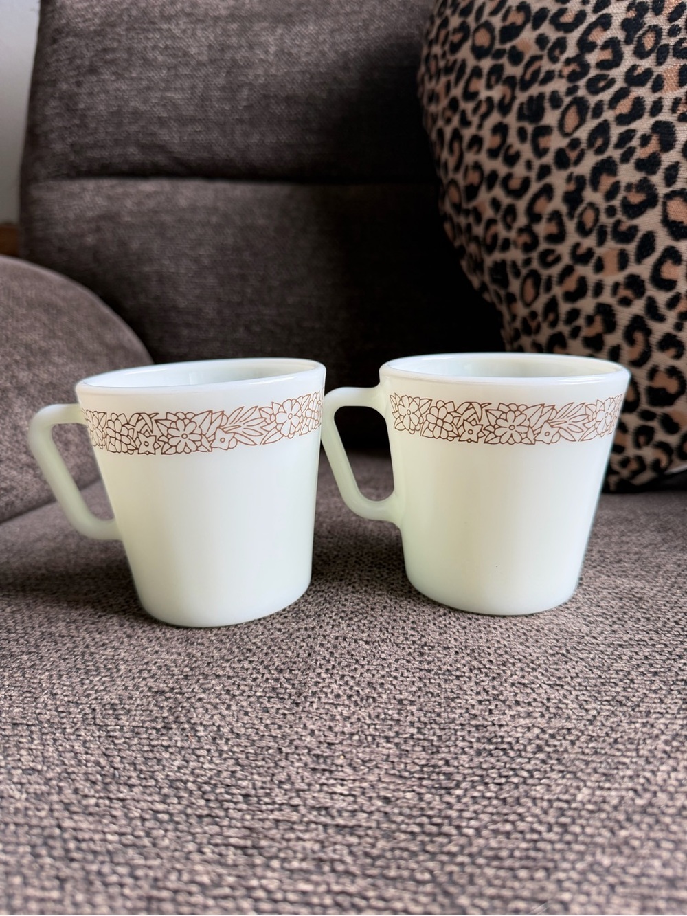 Vintage Pyrex thick milk glass Mugs with Brown Floral Band - Set of 2